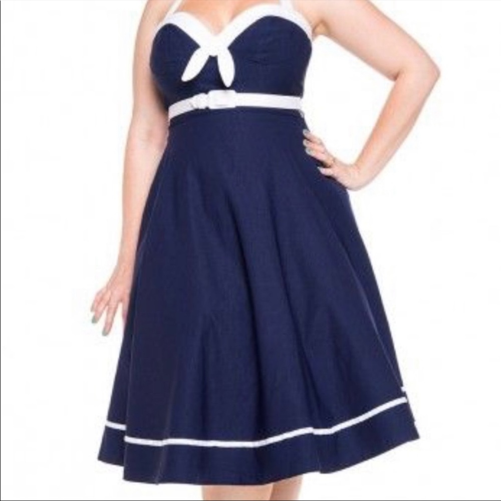 Pinup Couture Navy Blue and White Fit-and-Flare Dress